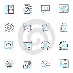 Web design linear icons set. Layout, Typography, Graphics, Navigation, Responsive, Accessibility, Usability line vector