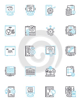 Web design linear icons set. Typography, Layout, Navigation, Responsive, Interface, HTML, CSS line vector and concept