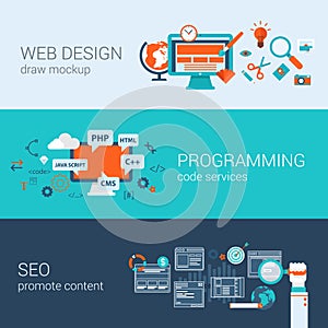 Web design programming SEO concept flat web banners set vector