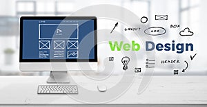 Web design studio concept with computer display on work desk and web design text