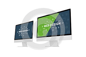 Web design studio concept with two computer displays and web design inscriptions and icons on them