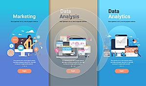 Web design template set for marketing data analysis and data analytics concepts different business collection flat copy