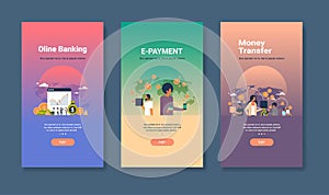 Web design template set for online banking e-payment and money transfer concepts different business collection flat copy