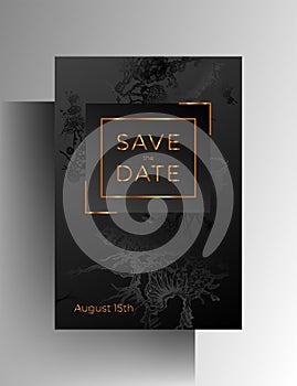 Design template wedding invitation. Hand painted floral texture elements with golden frames on a black background. Vector