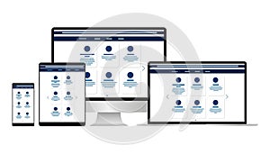 Web Design. Website template for monitor, laptop, tablet, phone. Elements for mobile and web applications. User Interface UI and
