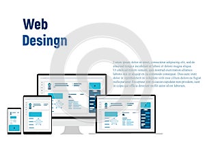 Web Design. Website template for monitor, laptop, tablet, phone. Elements for mobile and web applications. User Interface UI and