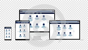Web Design. Website template for monitor, laptop, tablet, phone. Elements for mobile and web applications. User Interface UI and