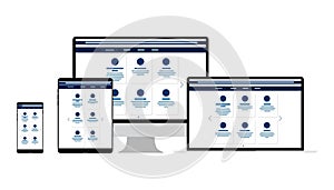 Web Design. Website template for monitor, laptop, tablet, phone. Elements for mobile and web applications. User Interface UI and