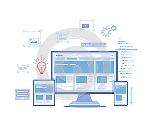 Web Design. Website template for monitor, laptop, tablet, phone. Elements for mobile and web applications. User Interface UI and U