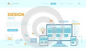 Web Design. Website template for monitor, laptop, tablet, phone. Elements for mobile and web applications. UI and UX content