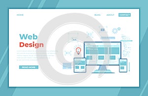 Web Design. Website template for monitor, laptop, tablet, phone. Elements for mobile and web applications. User Interface UI UX