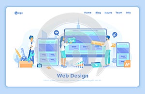 Web Design. Website template for monitor, laptop, tablet, phone. A team of web designers are working together to develop a ui-ux