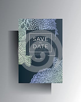 Design wedding invitation postcard template. Hand drawn texture elements. Vector.