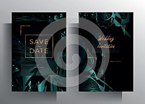 Design wedding invitation template set. Turquoise texture elements and golden frames