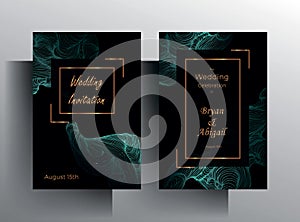 Design wedding invitation template set. Turquoise texture elements and golden frames