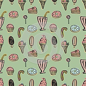 Desserts seamless pattern. Hand drawn doodle vector
