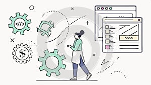 Web developer at computer, coding, and website design illustration vector design Generative AI