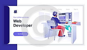 Web developer concept 3d isometric web banner with people scene. Man works at computer and develops website layout and optimizes