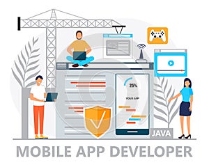 Web developer concept vector for landing page. Programmer constructs website using crane and writes code. Software