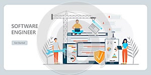 Web developer concept vector for landing page. Programmer constructs website using crane and writes code. Software