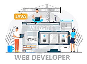 Web developer concept vector for landing page. Programmer constructs website using crane and writes code. Software