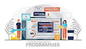 Web developer concept vector for landing page. Programmer constructs website and writes code. Software engineer working