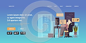 web developer creating program code on computer monitor development of software and programming