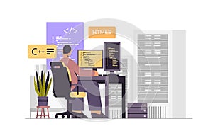 web developer creating program code on computer monitor development of software and programming concept