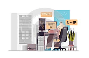 web developer creating program code on computer monitor development of software and programming
