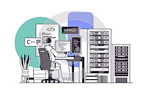 web developer creating program code on computer monitor screen development of software and programming