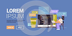 web developer creating program code on laptop screen development of software and programming concept