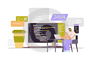 web developer creating program code on laptop screen development of software and programming concept