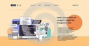 web developer creating program code on laptop screen development of software and programming concept
