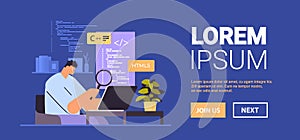 web developer creating program code on laptop screen development of software and programming concept