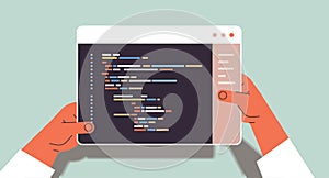 Web developer hands using tablet pc creating program code development of software and programming