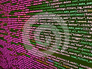 Web developer HTML code with CSS on screen. Web developer programmer monitor screen display. Abstract modern virtual computer