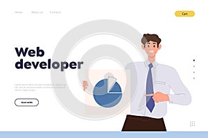 Web developer landing page template with happy seo analytics character showing pie chart design