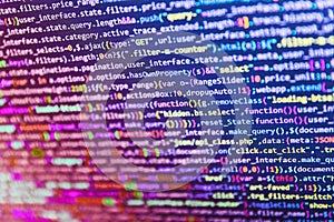Web developer programmer monitor screen display. Abstract computer script about big data and blockchain database. Digital