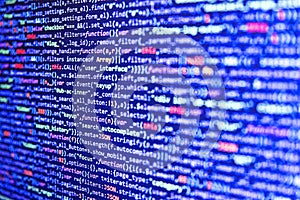 Web developer programmer monitor screen display. Abstract modern virtual computer script. Programmer developer screen. Developer