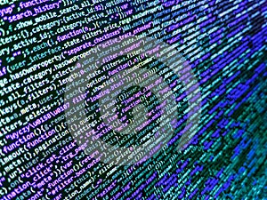 Web developer programmer monitor screen display. PC software creation business. Closeup of Web Code on Computer LED Screen.