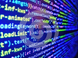 Web developer programmer monitor screen display. Template of website, selective focus. Website and application development.