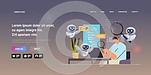 web developer with robots creating program code development of software and programming artificial intelligence