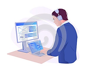 Web developer working on UI design. Vector illustration