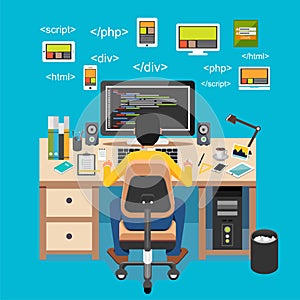 Web developer. Website development. Programmer working on computer