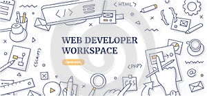 Web Developer Workspace Doodle Background Concept