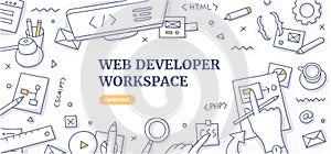 Web Developer Workspace Doodle Background Concept photo