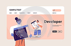 Web developers couple creating program code development of software and programming concept