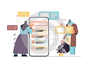 web developers couple creating program code on smartphone screen development of software programming