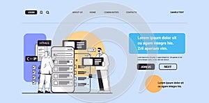 web developers couple creating program code on smartphone screen development of software and programming