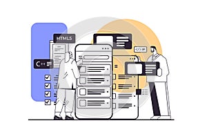 web developers couple creating program code on smartphone screen development of software and programming